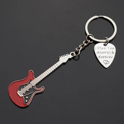 Red Guitar & Pick Keychain I Pick You Always & Forever Hearts Love Music Gift - Image 1 of 4