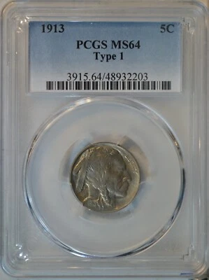 Buffalo Nickel 1913, tipo 1, graduación profesional MS64 Foto 1 de 3