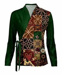 Lily Green & Brown Floral Patchwork Velvet Wrap Top 4XL/24W - Picture 1 of 1