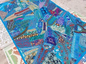 Colcha Edredón Patchwork Azul Turquesa Algodón Hecho a Mano India Doble Boho H - Imagen 1 de 11
