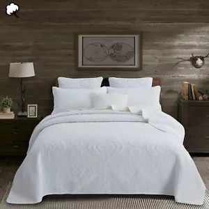 3 Pce 100% Cotton Lightly Quilted Coverlet Set Damask White - Queen King - Picture 1 of 4