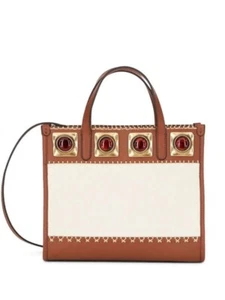 Borsa tote ETRO Crown Me beige cotone tono oro borchie dettagli pietra ambra contrasti - Foto 1 di 8
