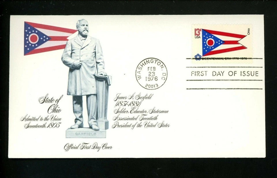 OHIO STATE FLAG  1976 FLEETWOOD cachet fdc STATUE OF JAMES GARFIELD  UNADDR - Image 1 of 1