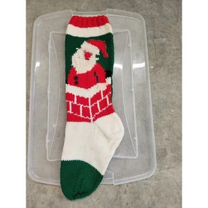 Vintage handgestrickter Weihnachtsmann im Kamin rot/grün Weihnachtsstrumpf 25"L - Bild 1 von 4