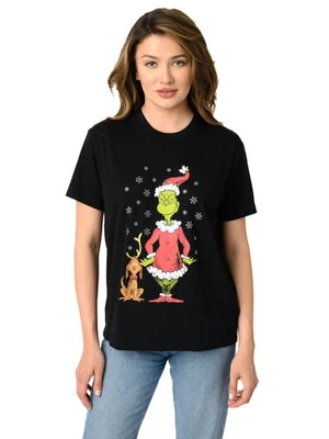 Women's and Women's Plus Dr. Seuss Grinch & Max T-Shirt Christmas Holiday Black - Image 1 of 4