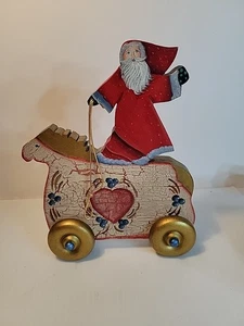 Wooden Santa Claus on  Horse Red Heart Gold Wheels  Christmas Figural Decoration - Picture 1 of 7