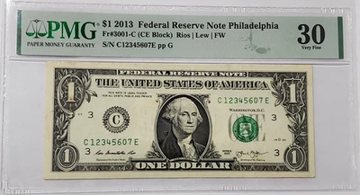 $1 Bill Fancy Serial Number PMG 30 🪜 Ladder Run of 6 - 123456 - C 12345607 E - Image 1 of 4