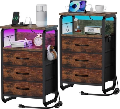 Juego de 2 Mesitas de Noche Alta con Estación de Carga, Juego de 2 Mesas Auxiliares de Cama Dormitorio Foto 1 de 4