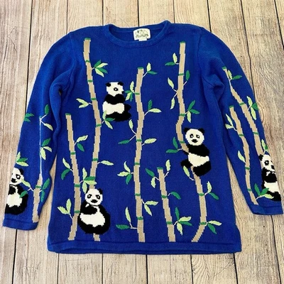 Vintage Quacker Factory Panda Bear Sweater Medium Blue Chunky Knit 3D Quirky Art - Image 1 of 4