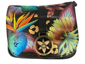 ANUSCHKA TROPICAL DREAM SCHWARZ HANDBEMALT LEDER SATTEL CROSSBODY HANDTASCHE - Bild 1 von 7