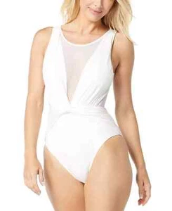 Carmen Marc Valvo Women Sz 12 Plunge Neckline Swimsuit White One-Piece Slim NEW - Picture 1 of 12