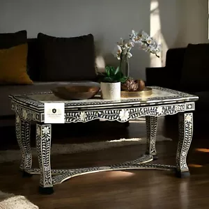 Bone Inlay Coffee Table - Gray Floral Pattern Coffee Table Living Room Furniture - Picture 1 of 9