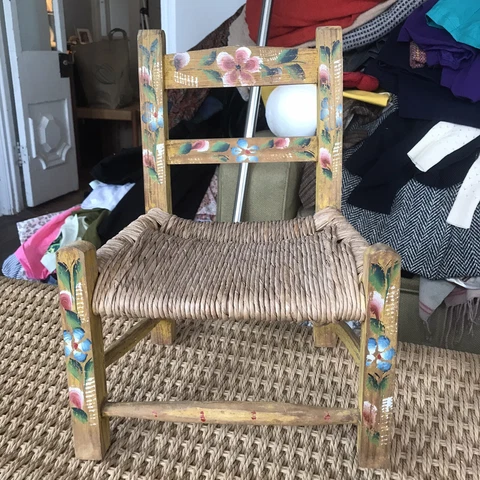 Vintage Child’s Chair Rush Seat Hand Painted Floral Pink Blue Flowers Yellow Cover