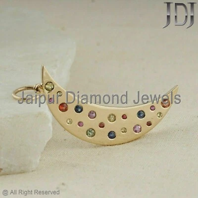 Religious Crescent Moon Pendant 14k Yellow Gold Gemstone Multi Sapphire Jewelry - Image 1 of 4