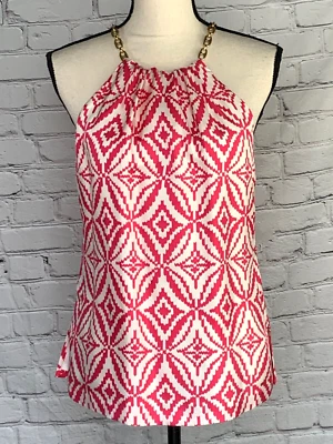 NEW Milly Women's Pink White 100% Silk Halter Top Chain Straps Zip Back Size 4 - Image 1 of 4
