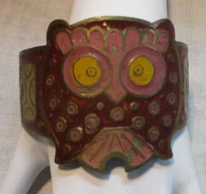 Brass Cuff Bracelet Owl Painted Accents Maroon Pink Green Vintage AS IS - Bild 1 von 15