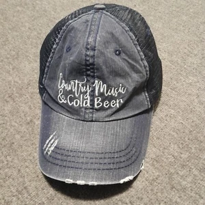 Country Music & Cold Beer Distressed Denim Mesh Embroidered Trucker Hat - Picture 1 of 5