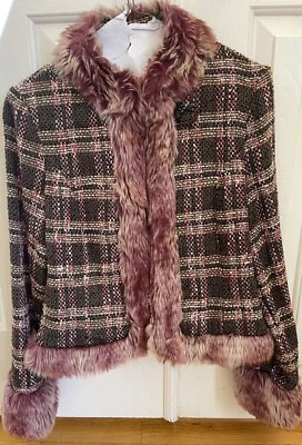 Abrigo chaqueta mujer True Meaning púrpura marrón a cuadros borrosa talla 8 Foto 1 de 3