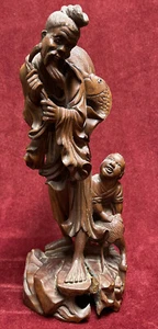 Antique Chinese Carved Wood Figurine • Fisherman, Boy, and Crane Eating Fish - Picture 1 of 12