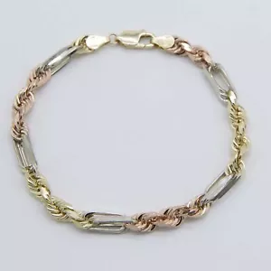 4.5mm Milano Figaro Rope Chain Bracelet Real 14K Tricolor Gold 8" - Picture 1 of 4