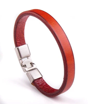 BL07 Orange Cool Men Single Wrap Slim Plain Leather Cuff Bracelet Wristband - Image 1 of 4