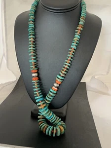 Natural Green Turquoise & Spiny Oyster Navajo Sterling Silver Necklace 00328 - Bild 1 von 12