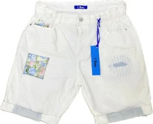 1368 BAGGY BERMUDA JEANS PANTALONCINI PANTALONE SEXY DONNA JEANS BIANCO CON FIORI S M L XL - Foto 1 di 1