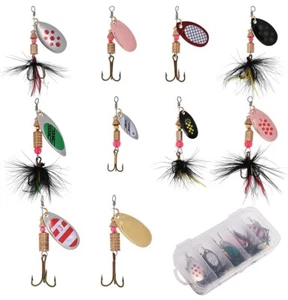 10x Fishing Lures Spinner Bait Metal Spoon Bass Trout Salmon Kit With Tackle Box - Picture 1 of 7