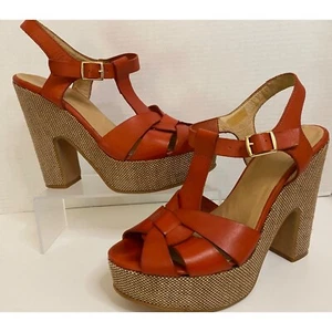 Sandalias españolas de cuero con tacón apilado para mujer US 10.5 Sunburst naranja con correa para el tobillo - Imagen 1 de 13