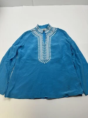 Top túnica Diane Gilman vintage años 80 90 para mujer talla pequeña 100 % seda azul Foto 1 de 4