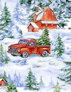 Christmas Red Trucks Fabric BTY, Trucks in The Winter Homestead C8665 - Picture 1 of 2