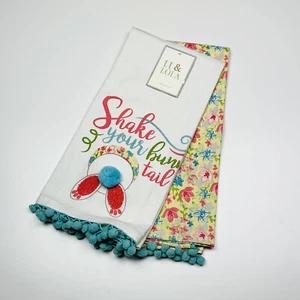 Shake Your Bunny Tail Easter Floral Cotton Dishtowel Kitchen Towels Set of 2 - Picture 1 of 1