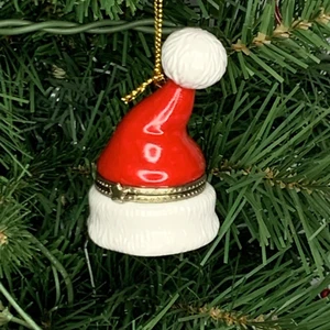 Santa Clause Hat Porcelain Hinged Surprise Gift Trinket Box Christmas Ornament - Picture 1 of 6