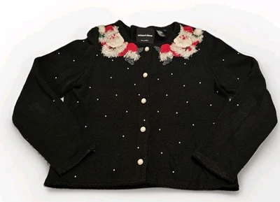 Michael Simon Cardigan Christmas Medium Black Appliqué Santa Pearl Buttons Beads - Image 1 of 4