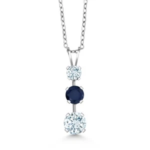 925 Sterling Silver Aquamarine 3 Stone Pendant Necklace For Women (1.60 Cttw, - Picture 1 of 4