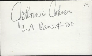 Tarjeta índice Johnnie Johnson Los Angeles Rams espalda defensiva autografiada 3x5 - Imagen 1 de 1