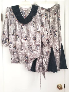 Abito SUSAN FREIS vintage anni 80 set 2 pezzi top gonna grigio piuma stampa mista - Foto 1 di 12