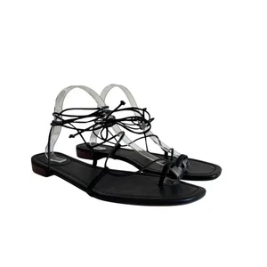 J Crew Sandals Size 12 ABBIE Leather Black Strappy Ankle Wrap Around - Picture 1 of 8