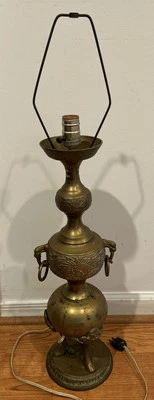 Hollywood Regency Asian Brass Foo Dog Lamp w/Ring Handles & Etching 30.5" T MCM - Image 1 of 4