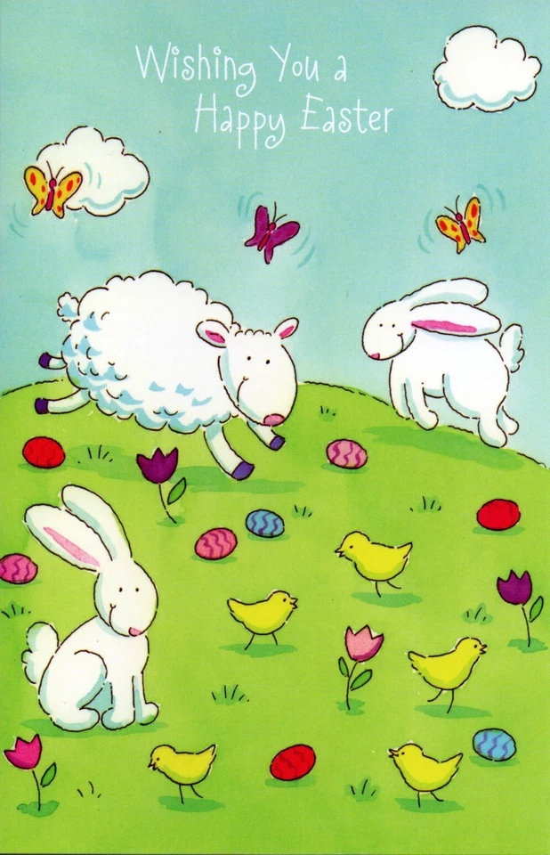 Linda tarjeta de Pascua de conejitos, huevos, ovejas, de Freedom Greetings + sobre Foto 1 de 4