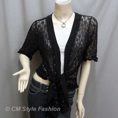 Cárdigan de encaje floral con volantes fluidos con corbata delantera negro M/XL Foto 1 de 4