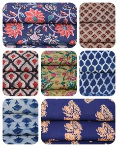 FCL 1 Y Block Printed Fabric Cotton Dress Making Crafting Costumes Décor Sewing - Foto 1 di 21