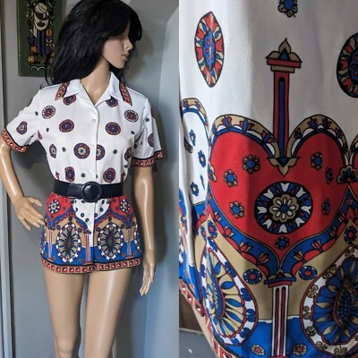 Vintage 70s Folk Heart Mandala Floral Tunic Blouse Shirt Top Shacket 10 12 40 - Image 1 of 4