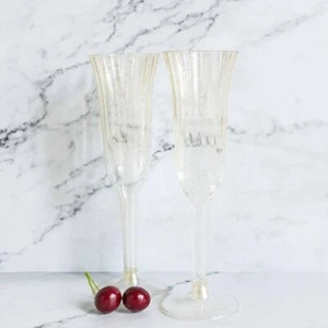 12 Plastic Gold 6 oz Glittered Clear Champagne Flutes Glasses Tableware Party - Picture 1 of 8