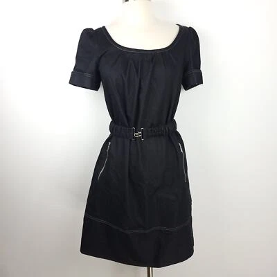 Democracy Black Short Sleeve Poplin Belted Mini Dress Size 6 Zip Pockets - Image 1 of 4