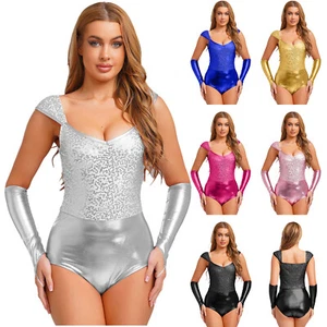 Womens Shiny Sequins Metallic Bodysuit Tops Leotard Sleeves Set Dance Halloween - Picture 1 of 71