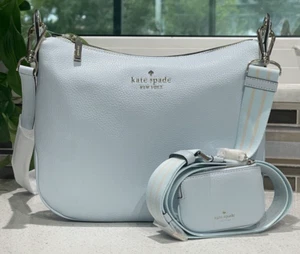 KATE SPADE ROSIE LARGER SHOULDER BAG CROSSBODY COIN POUCH LT BLUE LEATHER STRIPE - Picture 1 of 14