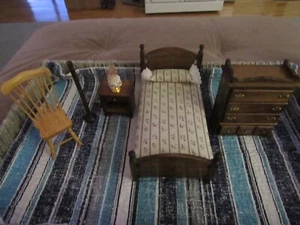 WOOD DOLLHOUSE FURNITURE BED BEDSPREAD PILLOW BUREAU NIGHT TABLE LAMP COAT RACK - Picture 1 of 12