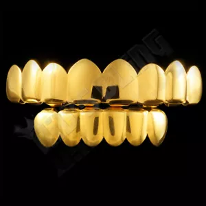 18K Gold Plated GRILLZ STAINLESS STEEL Hip Hop Mouth Grill 8 Tooth Top 6 Bottom - Picture 1 of 3