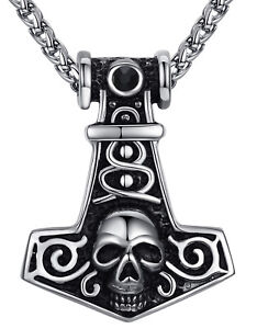 Men's Stainless Steel Viking Thor's Hammer Gothic Skull Biker Pendant Necklace
